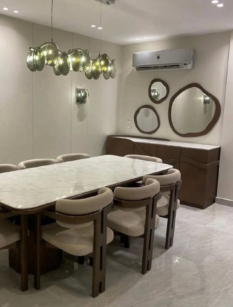 Modern Credenza, Organic Mirrors, and Marble Dining Suite